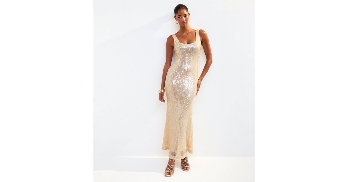Gold Sequin Embellished Scoop Neck Midi Dress | New Look
