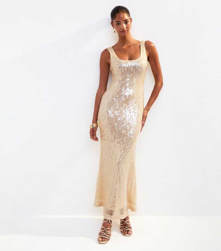 Gold Sequin Embellished Scoop Neck Midi Dress