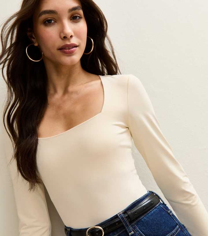 Cream Slinky Square Neck Long Sleeve Bodysuit