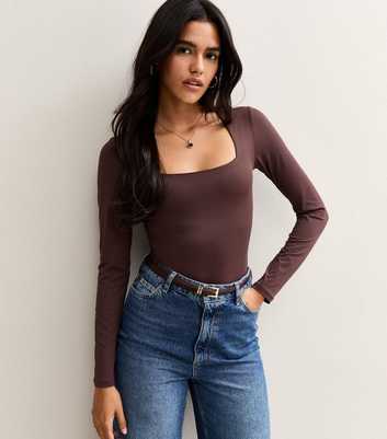 Burgundy Slinky Square Neck Long Sleeve Bodysuit