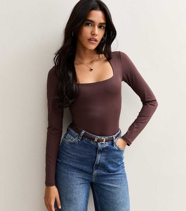 Burgundy Slinky Square Neck Long Sleeve Bodysuit