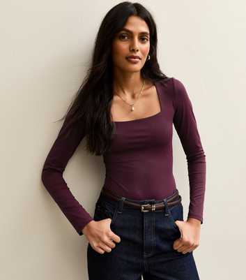 Dark Burgundy Slinky Square Neck Long Sleeve Bodysuit