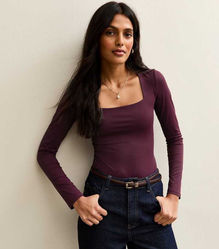 Dark Burgundy Slinky Square Neck Long Sleeve Bodysuit