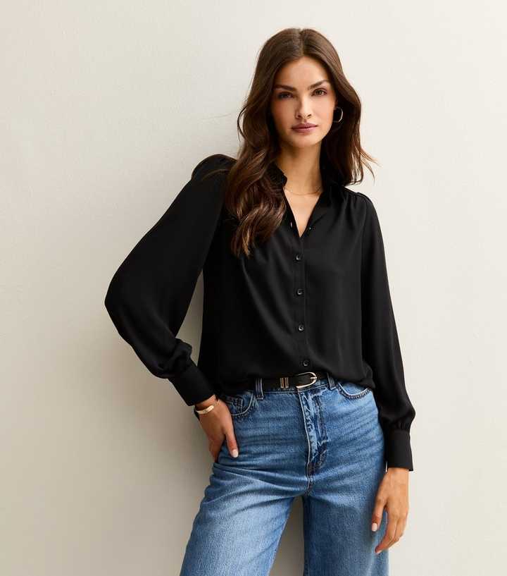 Tall Black Gathered Long Sleeve shirt