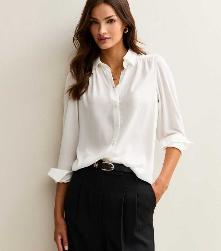 Tall White Gathered Long Sleeve Shirt