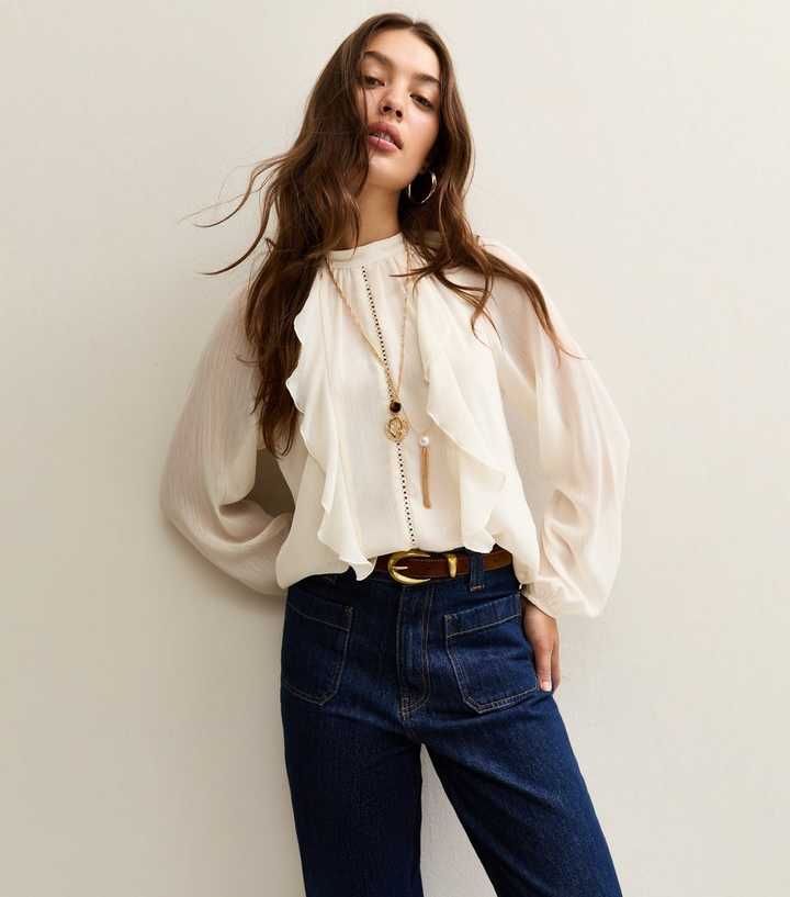 Off White Ruffle Trimmed Lace Insert Long Sleeve Top