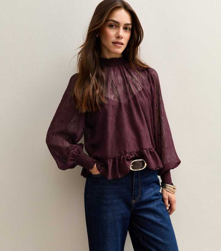 Petite Dark Burgundy Burnout Chiffon High Neck Blouse