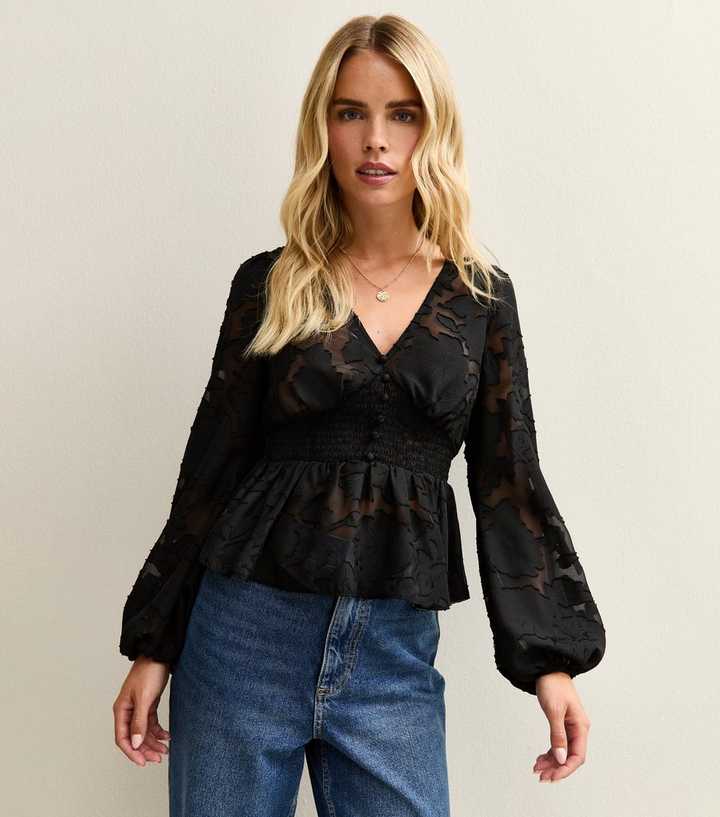 Petite Black Floral Jacquard Semi Sheer Peplum Blouse