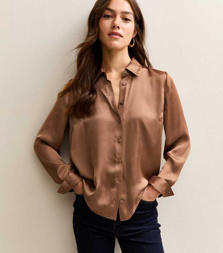 Petite Light Brown Satin Long Sleeve Shirt