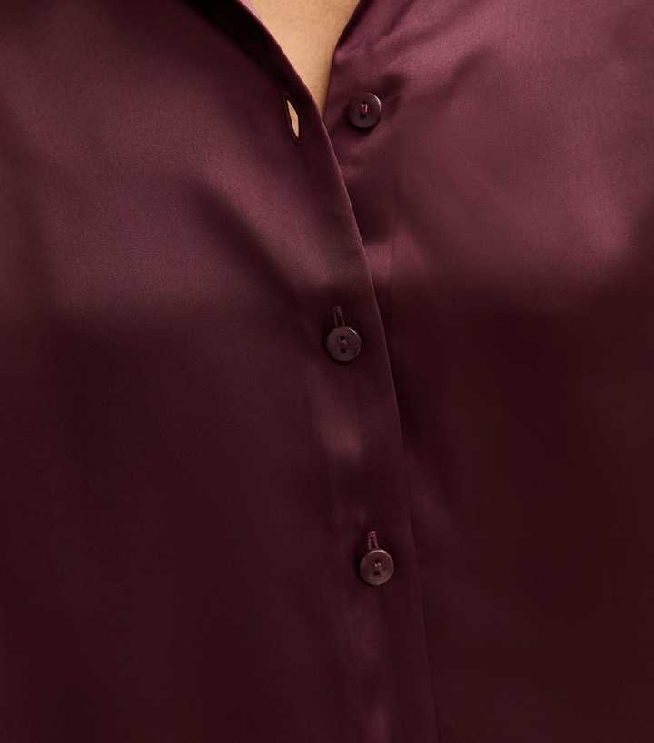 Petite Burgundy Satin Long Sleeve Shirt | New Look