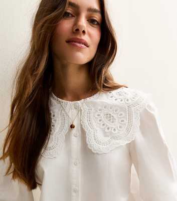 Petite White Embroidered Collar Long Sleeve Shirt