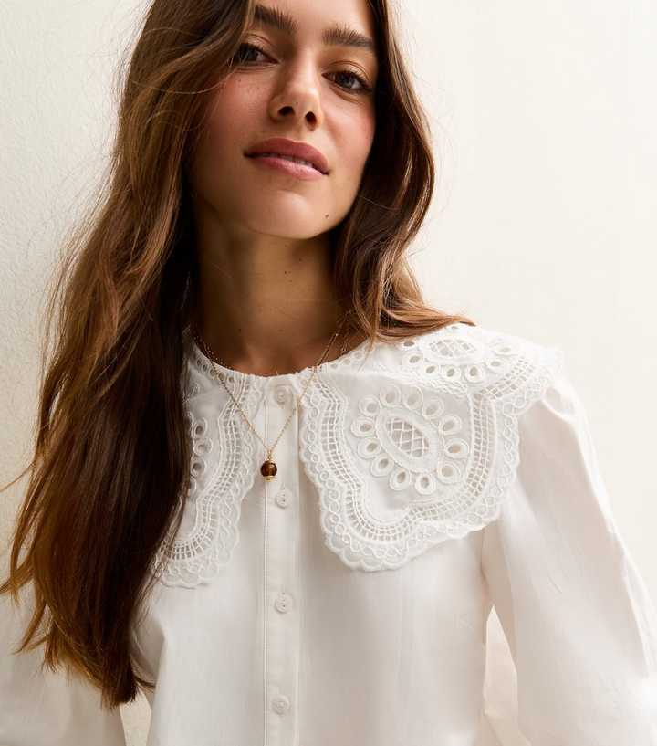 Petite White Embroidered Collar Long Sleeve Shirt