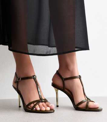 Dark Khaki Faux Leather T-Bar Metallic Heel Stiletto Sandals