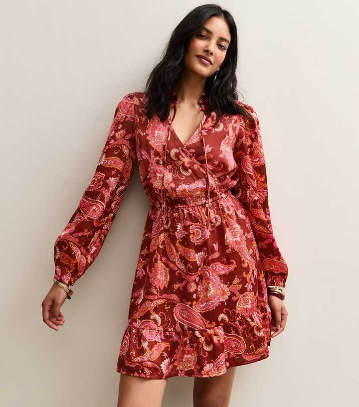 Red Paisley Long Sleeve Mini Dress