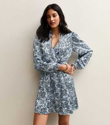 Light Blue Paisley Print Tie Neck Satin Mini Dress