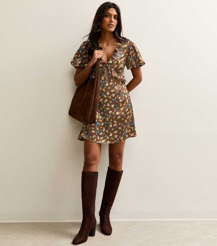 Brown Floral Print Frilly Trimmed Satin Mini Dress