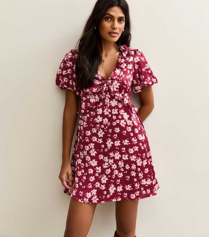 Red Daisy Print Frilly Trimmed Satin Mini Dress