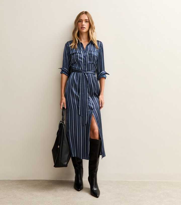 Blue Satin Striped Midi Shirt Dress