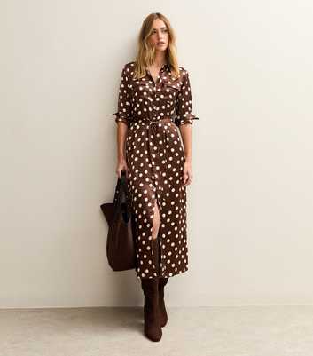 Brown Satin Polka Dot Midi Shirt Dress