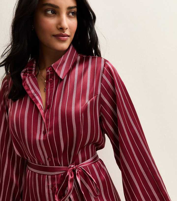 Burgundy Striped Satin Mini Shirt Dress | New Look