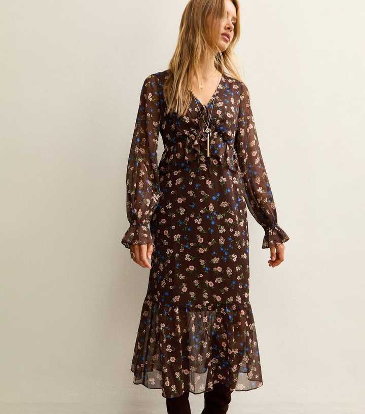Brown Floral Print Long Sleeve Tiered Chiffon Midi Dress | New Look