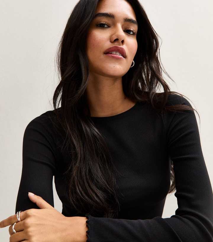 Black Ribbed Crew Neck Long Sleeve Top