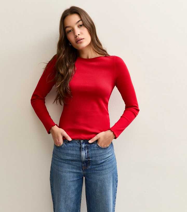 Red Ribbed Crew Neck Long Sleeve Top