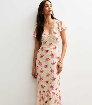 Off White Floral Print Lace Trim Midi Dress
