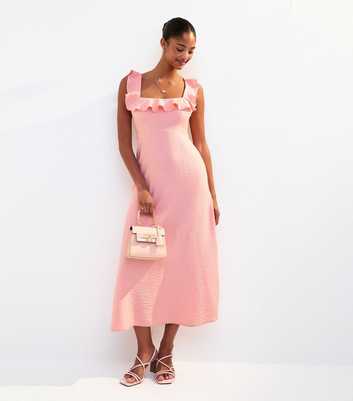 Pink Ruffle Trim Square Neck Midi Dress