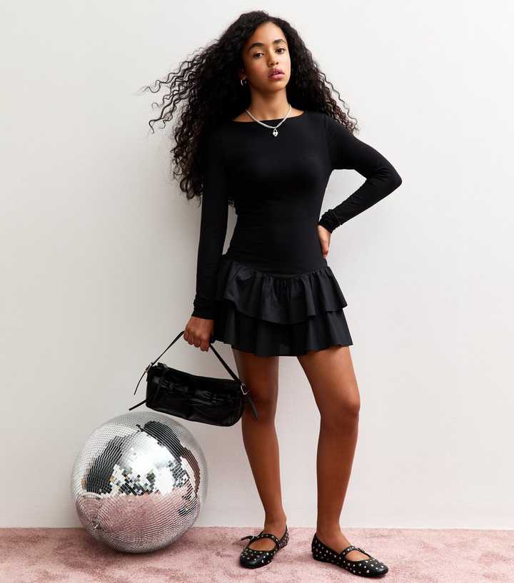Girls Black Long Sleeve Rara Skirt Dress | New Look