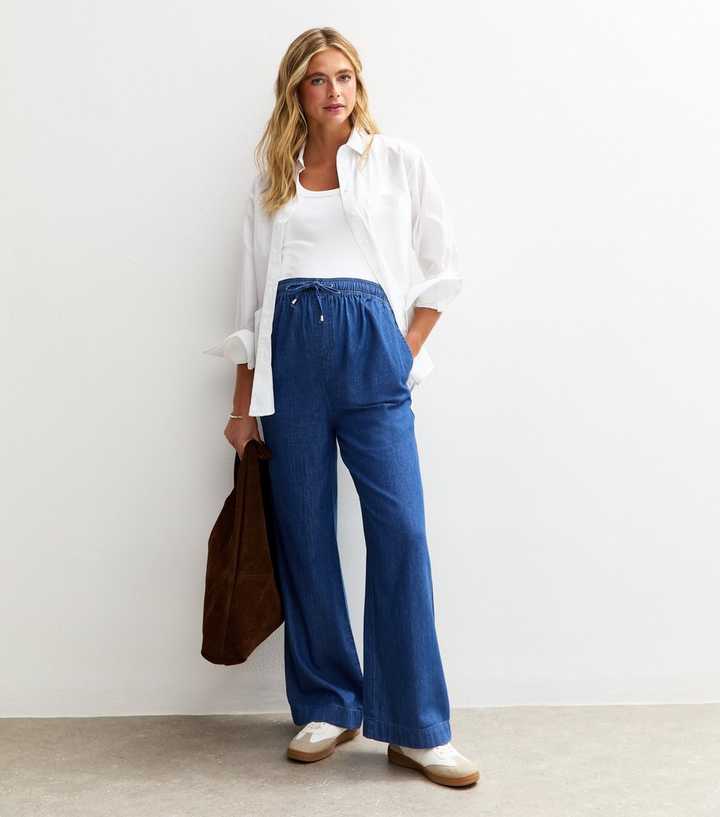 Maternity Blue Denim-Look Pull On Wide Leg Trousers