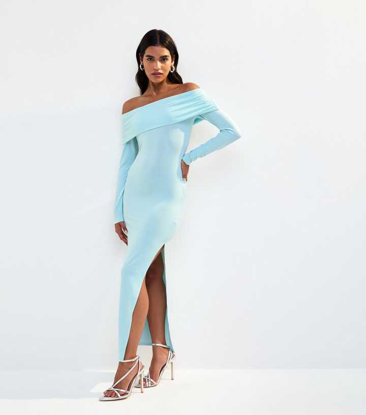 Light Blue Long Sleeve Bardot Maxi Dress | New Look