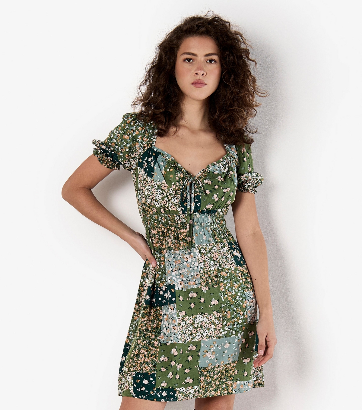 Women's Green Floral Print Milkmaid Mini Dress Apricot New Look