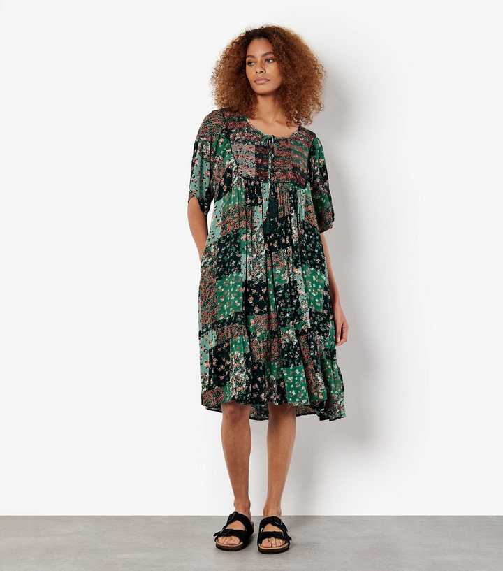 Apricot Green Floral Patchwork Print Midi Dress