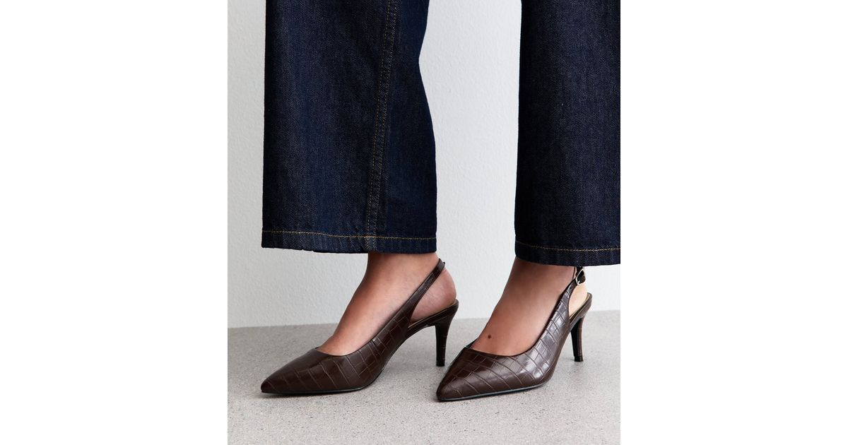 Extra Wide Fit Brown Textured Slingback Court Shoes New Look