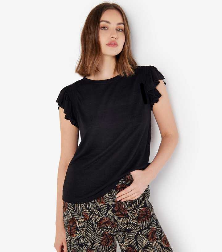 Apricot Black Textured Ruffle Sleeve Top