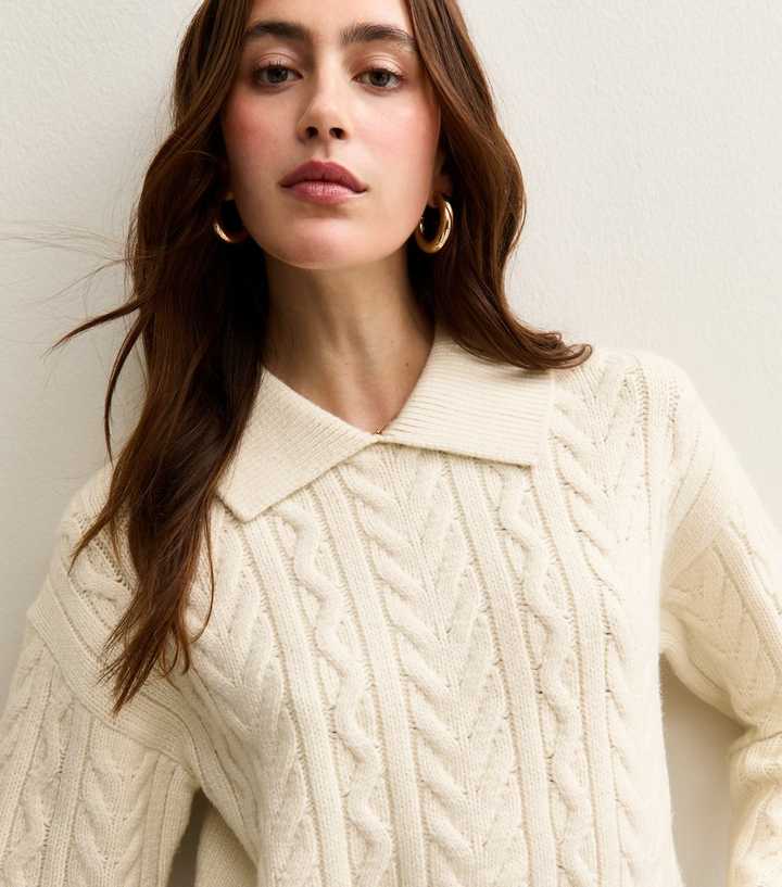 Cream Cable Knit Rib Collar Jumper