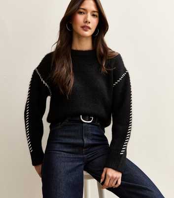 Black Contrast Stitch Brushed Jumper