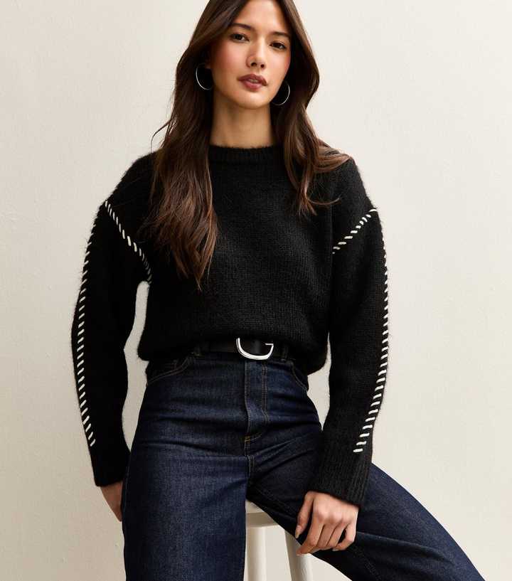 Black Contrast Stitch Brushed Jumper