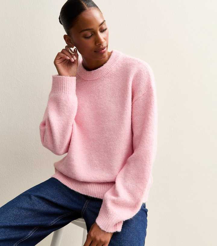 Pink Crew Neck Oversized Textured Knit Jumper