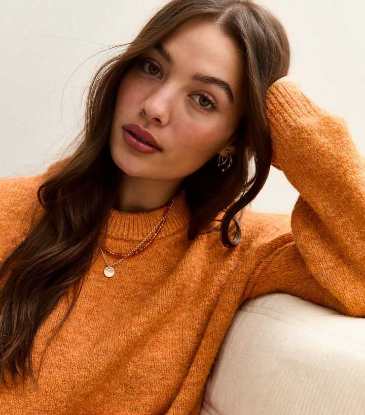 Bright Orange Crew Neck Textured Knit Oversized Jumper