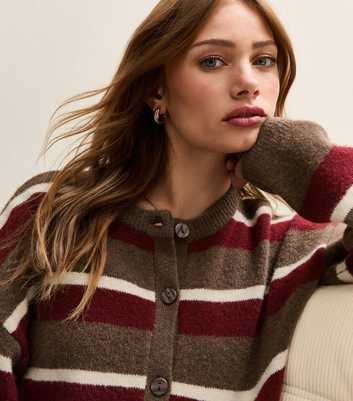 Brown Striped Crew Neck Cardigan