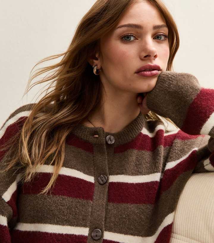 Brown Striped Crew Neck Cardigan