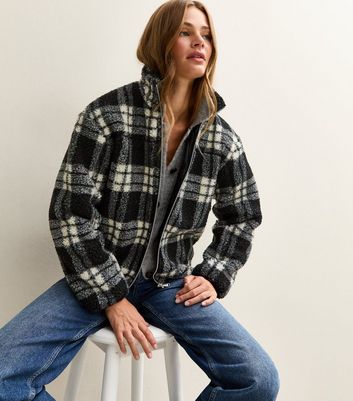 Black Checked Borg Jacket New Look