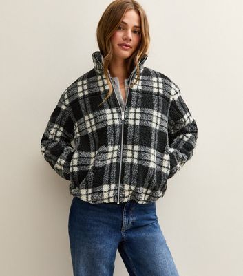 Black Checked Borg Jacket New Look