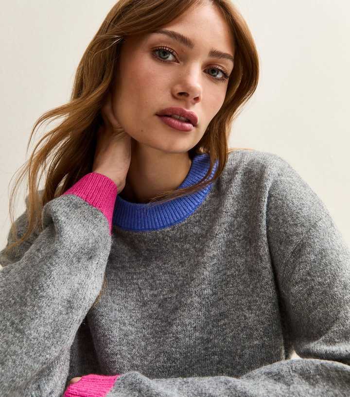 Grey Contrast Rib Crew Neck Jumper