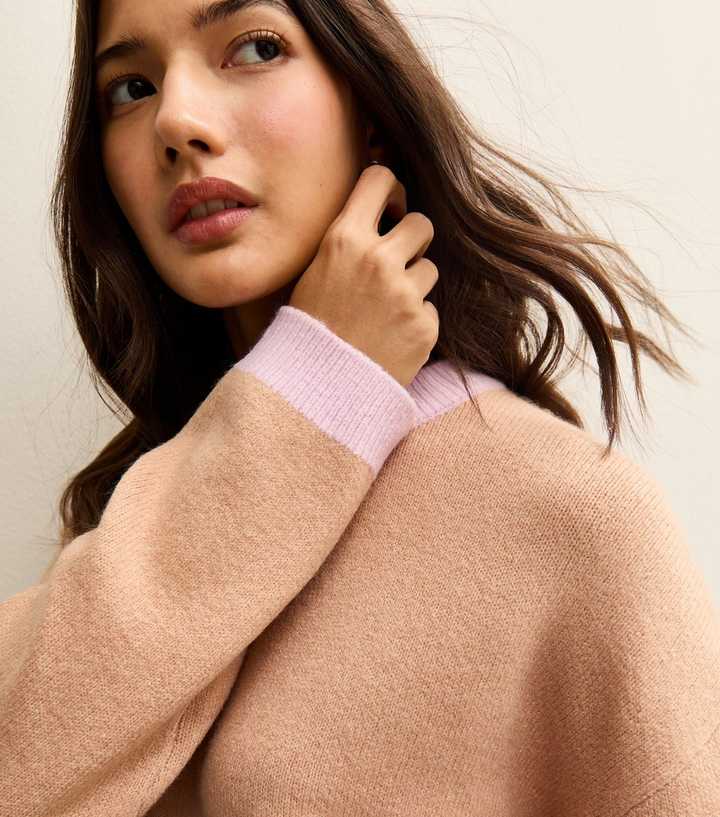 Camel Contrast Rib Crew Neck Jumper
