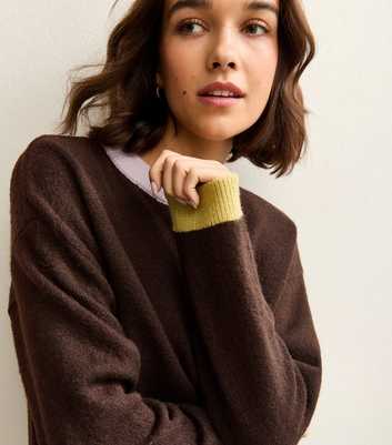 Dark Brown, Lilac and Green Contrast Rib Crew Neck Jumper