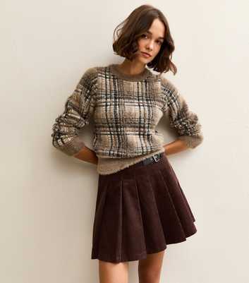 Brown Fluffy Check Crew Neck Jumper