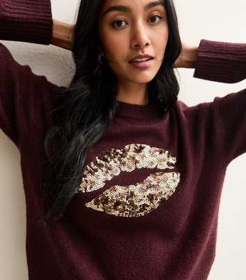 Dark Red Sequin Lips Crew Neck Jumper